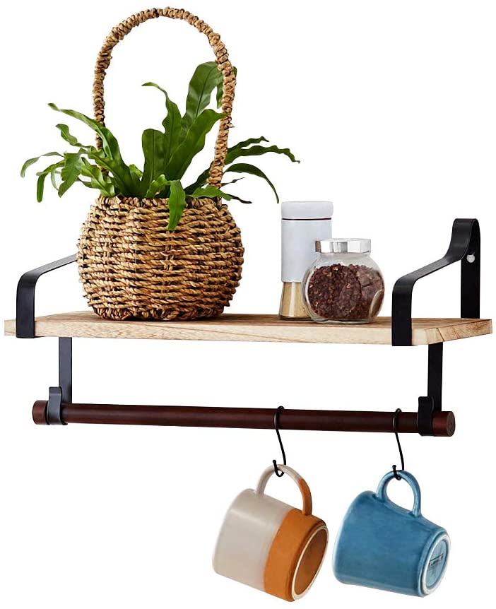 AZ L1 Life Concept Floating Wall Shelf for Storage Wood-Based Board Kitchen Spice Rack with Towel Bar and 8 Removable Hooks, Carbonized Black $13.80