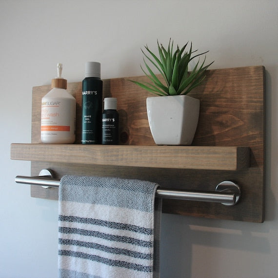 Simply Modern Rustic Bathroom Shelf with an 18" Brushed Nickel Towel Bar by KeoDecor