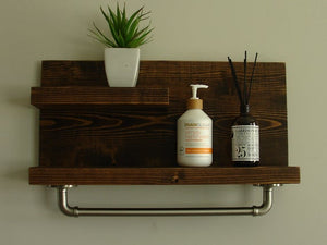 Modern Rustic 2 Tier Bathroom Shelf with 18" Satin Nickel Finish Towel Bar by KeoDecor