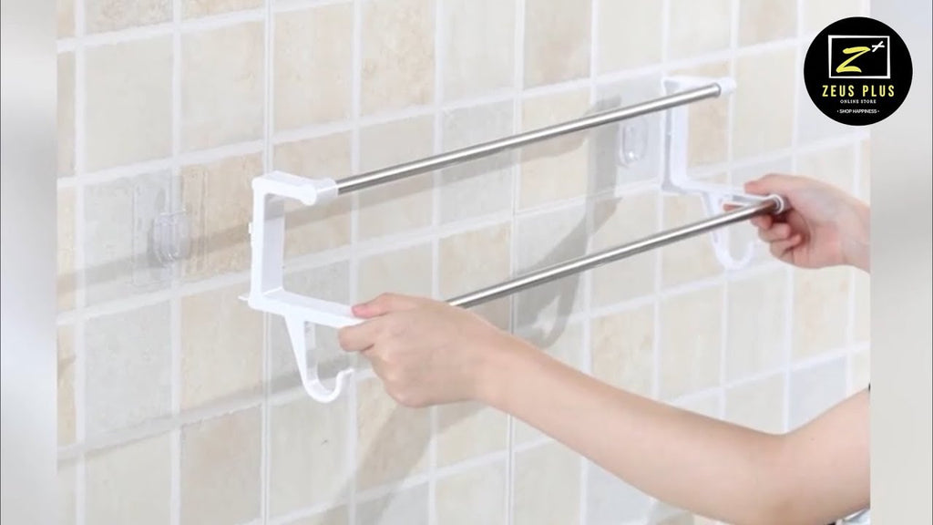 Product shown in this video is 56cm Wall Mounted Towel Rack Bathroom Suction with 2 layers hangers, made of ABS Plastic and Stainless Steel rod.
