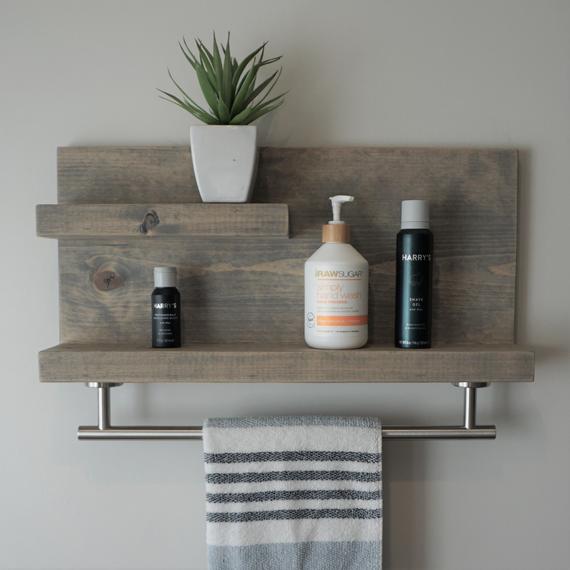 Modern Rustic 2 Tier Bathroom Shelf with 18" Brushed Nickel Towel Bar by KeoDecor