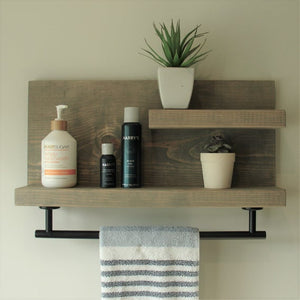 Modern Rustic 2 Tier Bathroom Shelf with 18" Matt Black Finish Towel Bar by KeoDecor