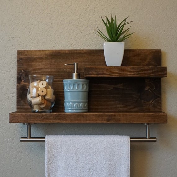 Modern Rustic 2 Tier Bathroom Shelf with 18" Brushed Nickel Towel Bar by KeoDecor