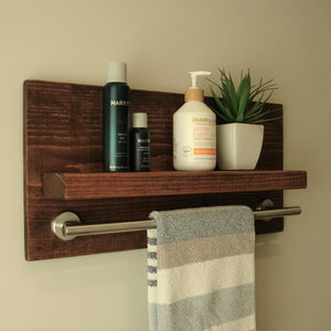 Simply Modern Rustic Bathroom Shelf with 18" Brushed Nickel Towel Bar by KeoDecor