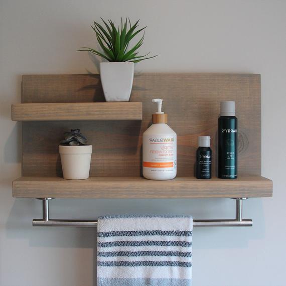 Modern Rustic 2 Tier Bathroom Shelf with 18" Brushed Nickel Towel Bar by KeoDecor
