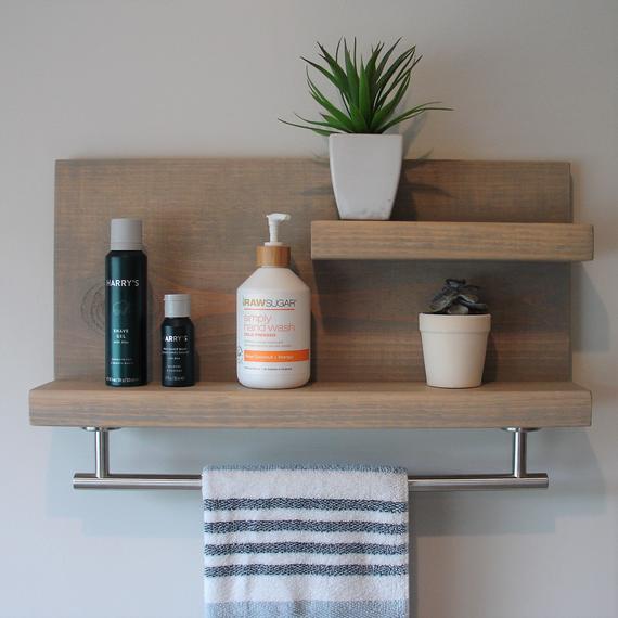 Modern Rustic 2 Tier Bathroom Shelf with 18" Brushed Nickel Towel Bar by KeoDecor