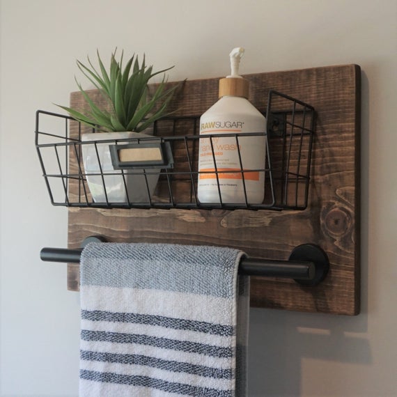 Simply Rustic Bathroom Shelf with Storage Basket and 12" Towel Bar by KeoDecor