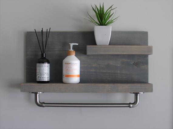 Modern Rustic 2 Tier Bathroom Shelf with 18" Satin Nickel Finish Towel Bar by KeoDecor