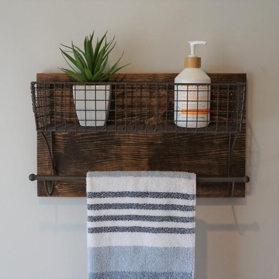 Simply Rustic Bathroom Shelf with Storage Basket and 15" Towel Bar by KeoDecor