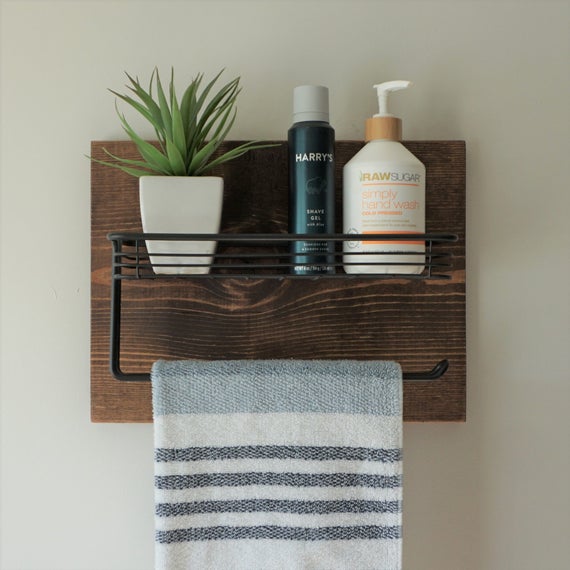 Simply Rustic Bathroom Shelf with Storage Basket and 11" Towel Bar by KeoDecor