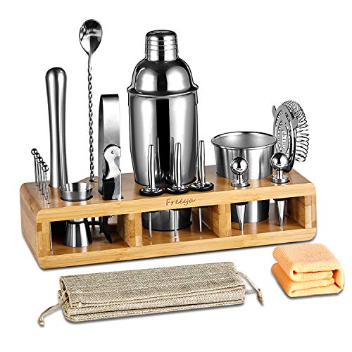 Complete 21-Pieces Bartender Kit, Freeya Premium Cocktail Bar Shaker Set , Stainless Steel Bar Tools / Bar Accessories -Beautiful Cocktail Shaker Set with Bamboo Stand, Storage Bag and Towel