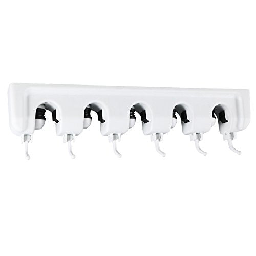 BESTONZON Mop Broom Holder Wall Mounted Storage Rack with 5 Ball Slots and 6 Hooks for Closet Rakes Broom Garden Garage Tool Storage (White)