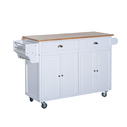 White Extendable Drop-Leaf Rubberwood Top Rolling Kitchen Island Cart 2 Cabinets 2 Drawers Towel Bar Spice Rack Knife Holder Pantry Silverware Utensils Kitchenware Dishware Dishes Storage Organizer