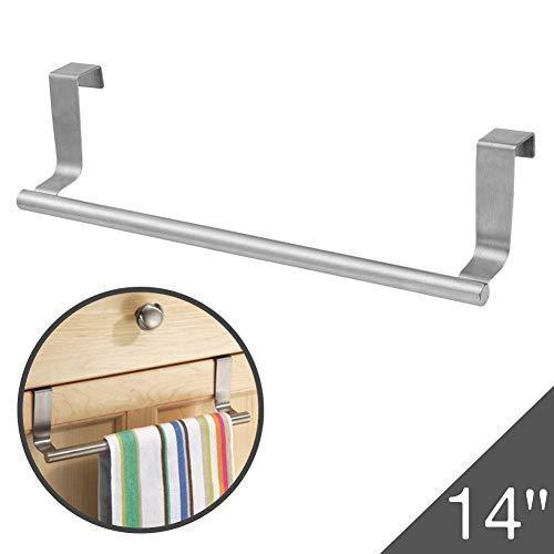 Over Cabinet Towel Bar with Hooks, 14" Brushed Stainless Steel Towel Rack for Bathroom and Kitchen with 22 Lbs Maximum Load