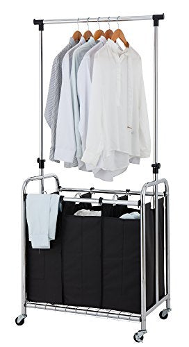 Finnhomy 3-Bag Rolling Laundry Sorter Cart with Hanging Bar, Heavy-duty Wheels & Larger Bags, Chrome