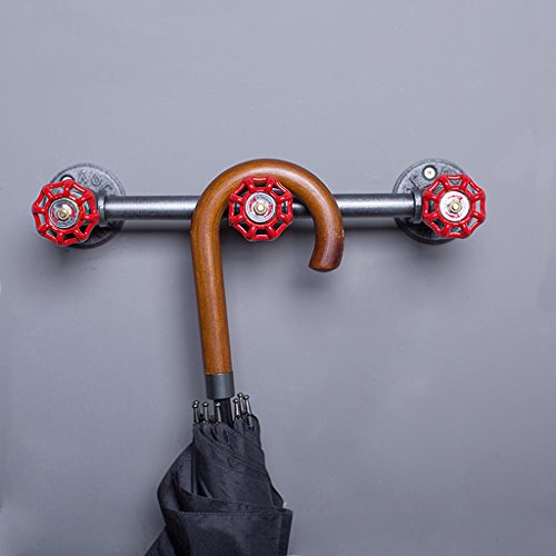 ZHEN GUO Industrial Iron Pipe Coat Hooks Rack Wall Mounted Art Decor, Heavy Duty Rustic Coat Hanger Towel Rail Clothes holder, 3 Water Valve Hooks for Entryway Bathroom, Black, Grey and Red, 52cm