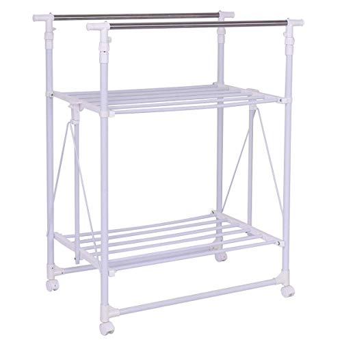 Tangkula Drying Garment Rack Adjustable Rolling Heavy Duty Double Rail Folding Tower Shoes Clothing Storage Organizer with Wheels and Shelves (58.5" x 20" x 71"), Show as pic