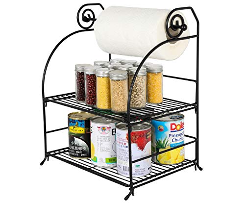 TQVAI 2 Tier Can Rack Organizer with Kitchen Roll Holder, Black