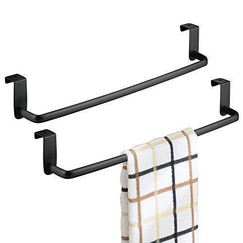 mDesign Kitchen Storage Over Cabinet Curved Steel Towel Bar - Hang on Inside or Outside of Doors, for Organizing and Hanging Hand, Dish, and Tea Towels - 14" Wide, Pack of 2, Matte Black Finish