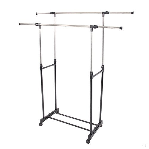 HOBBYN Clothing Rack,Dual-bar Vertical & Horizontal Stretching Stand Clothes Rack with Shoe Shelf YJ-04 Black & Silver