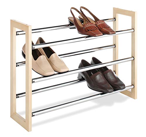 Whitmor 3 Tier Expandable Shoe Rack -Stackable - Natural Wood and Chrome