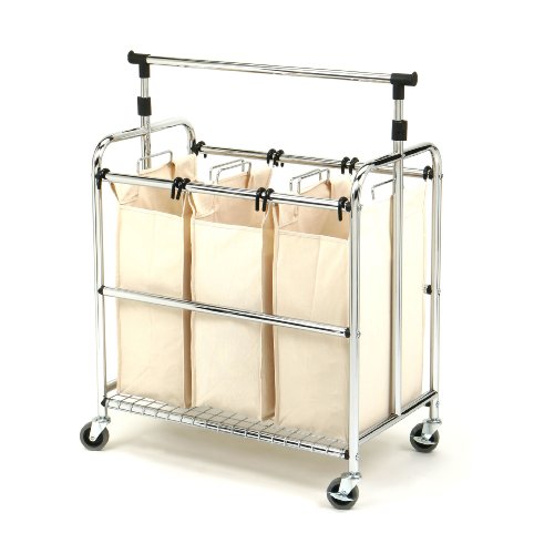 Seville Classics Mobile 3-Bag Reinforced Heavy-Duty Laundry Hamper Sorter Cart /w Clothes Rack