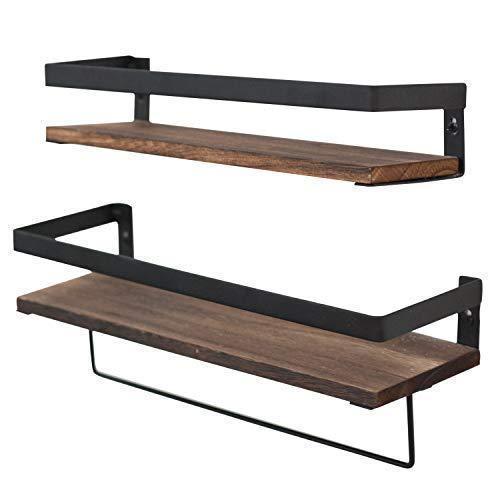 Y&ME Bathroom Storage Shelf Wall Mounted Set of 2,Rustic Wood Floating Shelves with Removable Towel Bar,Perfect for Kitchen, Bathroom, Carbonized Brown