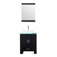 WALCUT 24 Inch Bathroom Vanity and Sink Combo Modern Black MDF Cabinet Ceramic Vessel Sink with Faucet and Pop Up Drain Mirror Tempered Glass Counter Top