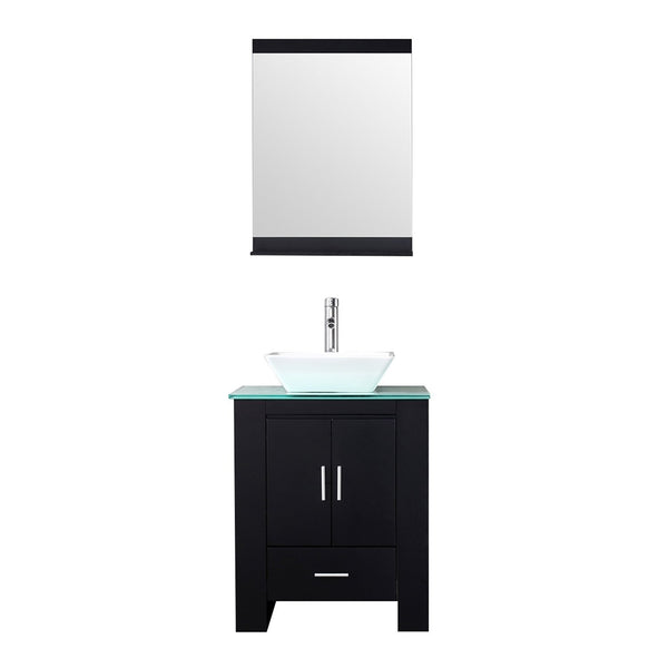 WALCUT 24 Inch Bathroom Vanity and Sink Combo Modern Black MDF Cabinet Ceramic Vessel Sink with Faucet and Pop Up Drain Mirror Tempered Glass Counter Top