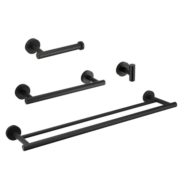 Hoooh Matte Black 4-Piece Bathroom Accessories Set Stainless Steel Wall Mount - Includes Double Towel Bar, Hand Towel Rack, Toilet Paper Holder, Robe Hooks, BS100S4-BK