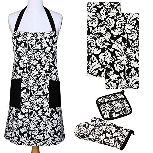 Yourtablecloth Kitchen Gift Set-1 Kitchen Apron, an Oven Mitt & A Pot Holder-2 Kitchen Dish Towels or Tea Towels-Ideal Cooking Gifts or Gift Ideas for Chefs-Suitable for Men & Women-Black