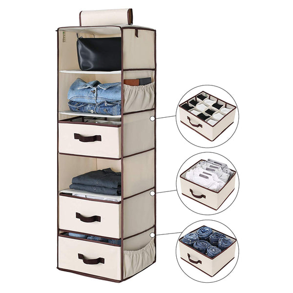StorageWorks 6-Shelf Hanging Closet Organizer, Foldable Closet Hanging Shelves with 2 Drawers & 1 Underwear/Socks Drawer, 42.5”H x 13.6”W x 12.2”D