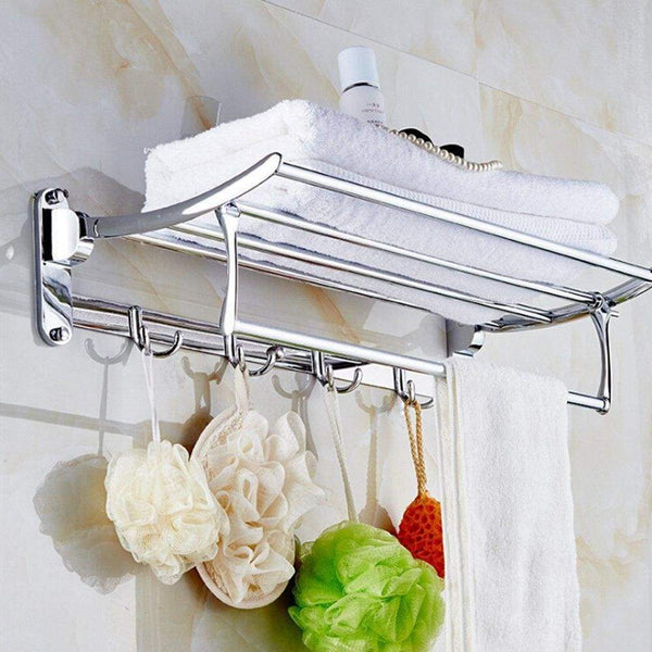Candora 24in Wall Mounted Shelf Towel Rack Stainless Steel Specular Finish Towel Shelf Towel Holder with 8 Hooks