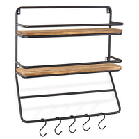 Wall-Mounted 2-Tier Spice Rack with Towel Bar & 5 Removable S-Hooks/Kitchen Storage Organizer