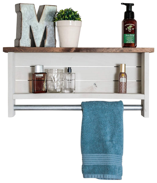 Drakestone Designs Bathroom Shelf with Towel Bar | Solid Wood | Wall Mount | Modern Farmhouse Decor | 12 x 24 Inch (Whitewash)
