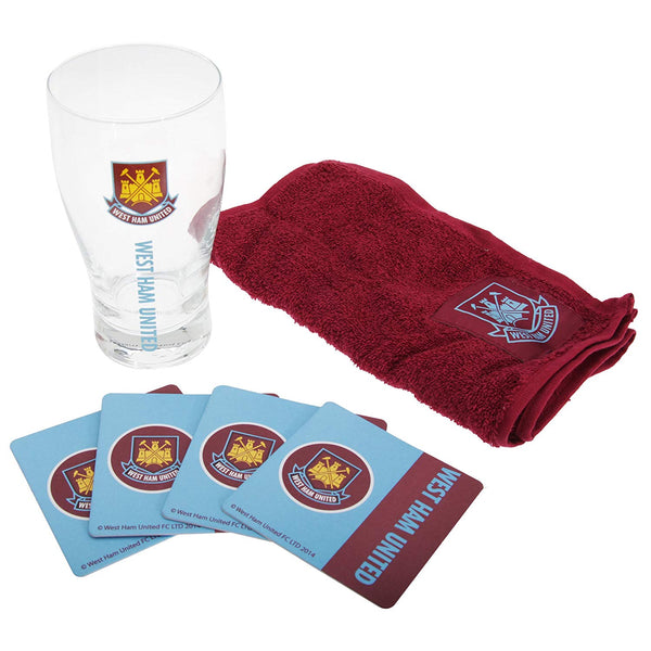 West Ham FC Official Mini Football Bar Set (Pint Glass, Towel & Beer Mats) (One Size) (Claret/Blue/Clear)