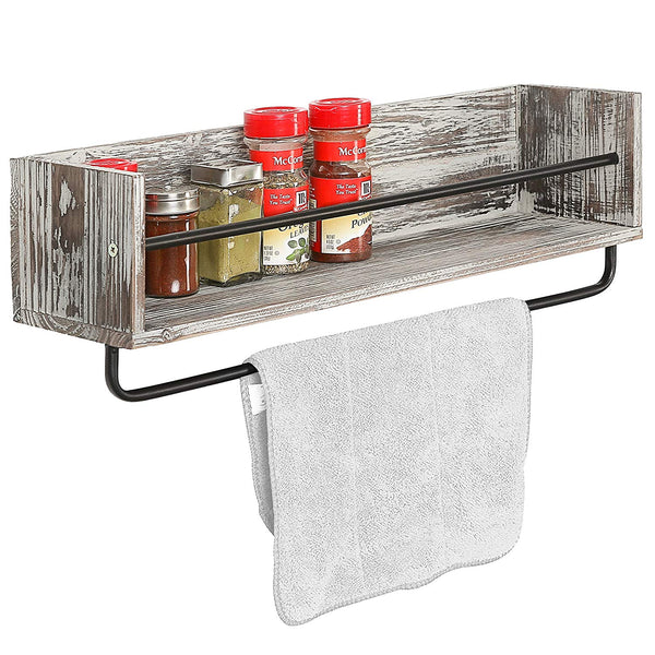 Rustic Torched Wood and Metal Wall Mounted Kitchen Spice Rack Shelf with Towel Bar