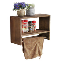Rustic Wall Mounted Wood Spice Storage Rack, Kitchen Floating Shelf with Double Towel Bars