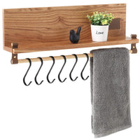 MyGift Wood & Leatherette Wall-Mounted Floating Shelf with Hanging Towel Bar & 6 Removable S-Hooks, 23-Inch