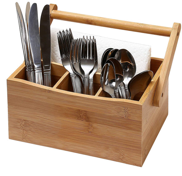 Ybm Home & Kitchen Bamboo 4 Compartment Utensil Flatware Cutlery Caddy Holder with Handle 336