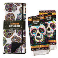 Halloween Sugar Skull Drying Mat and Kitchen Towel Set Day of The Dead Decoration