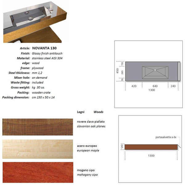 Novanta 51" Wall Bath Vanity With Rectangular Sink, Steel top and Oak Solid Wood - Shelf Underneath Included