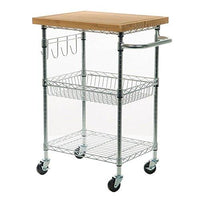 Contemporary Kitchen Silver Rolling Cart with Wood Top and 2-Storage Bottom Shelves