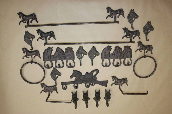 20) Rustic Horse Theme Bath Decor, Towel Bar, TP Holder, Towel Ring, Towel Hooks, Cast Iron, 20 pieces, Georgetown, Free Ship