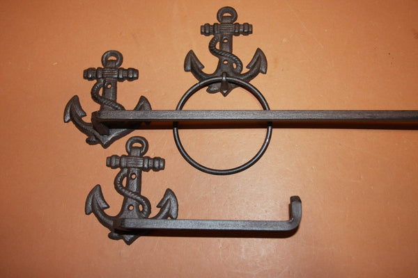3) Vintage Look Heavy Cast Iron Nautical Bathroom Decor, Anchor Towel Bar Rack, Towel Ring, Toilet Paper Holder, Shipping Included