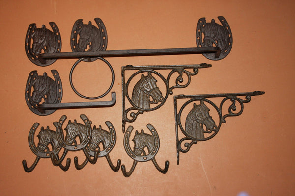 9) Equestrian Bath Accessories  Vintage Look Cast Iron Set of 9 Towel Bar Ring TP Holder Towel Hooks Bath Shelf Brackets, 2-H