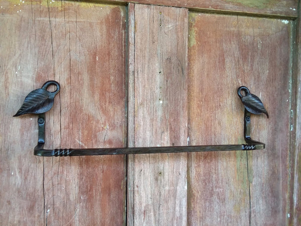 Towel Bar Hand Forged Wrought Iron, Leaf End