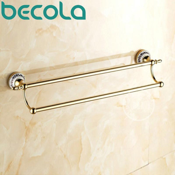 Bathroom Accessories Gold Plated Double Towel Bar Bathroom Hardware Wall Mounted Brass Towel Holder Br5510