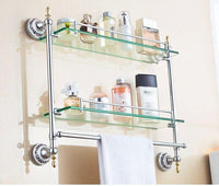 Bathroom Shelves W/ Dual Tempered Glass Golden Finish Metal Material Wall Mounted Storage Shelf Towel Bar 54Cm Hanger St6316